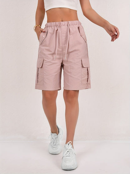 Effortless Pink Cargo Shorts for Women with High Waist Drawstring Button Pocket Relaxed Casual Style