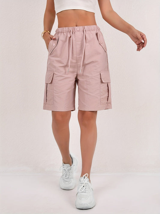 Effortless Pink Cargo Shorts for Women with High Waist Drawstring Button Pocket Relaxed Casual Style