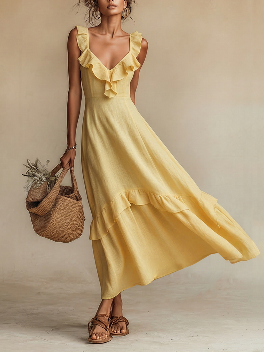 Effortless Yellow Sundress for Women with Ruffle V Neck Tiered Hem Sleeveless Linen Casual Maxi Style