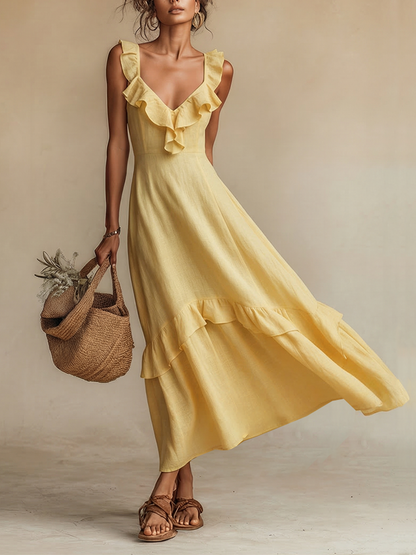 Effortless Yellow Sundress for Women with Ruffle V Neck Tiered Hem Sleeveless Linen Casual Maxi Style
