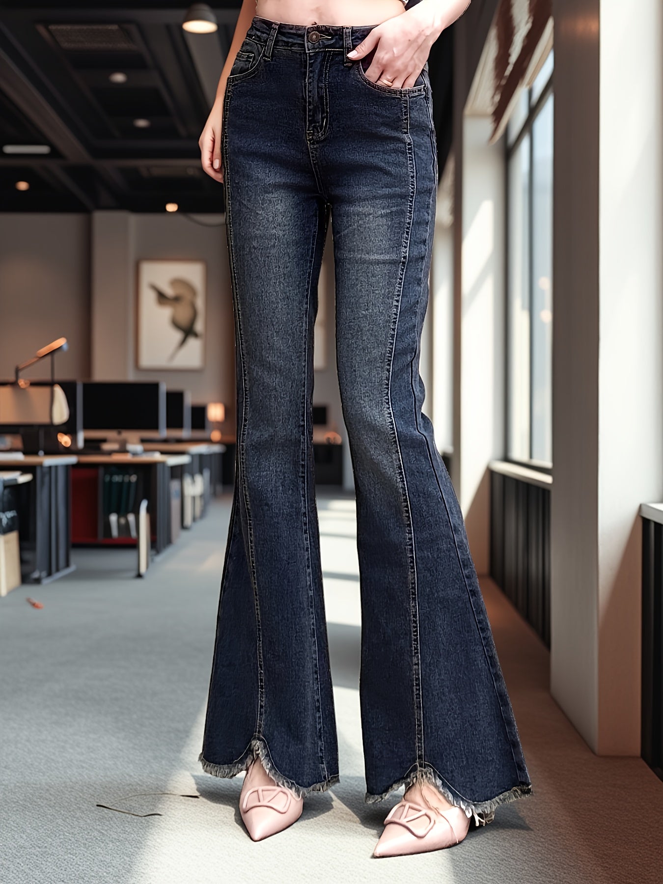 Effortless Medium Blue High Waisted Jeans for Women with Frayed Hem Flare Leg Relaxed Casual Style