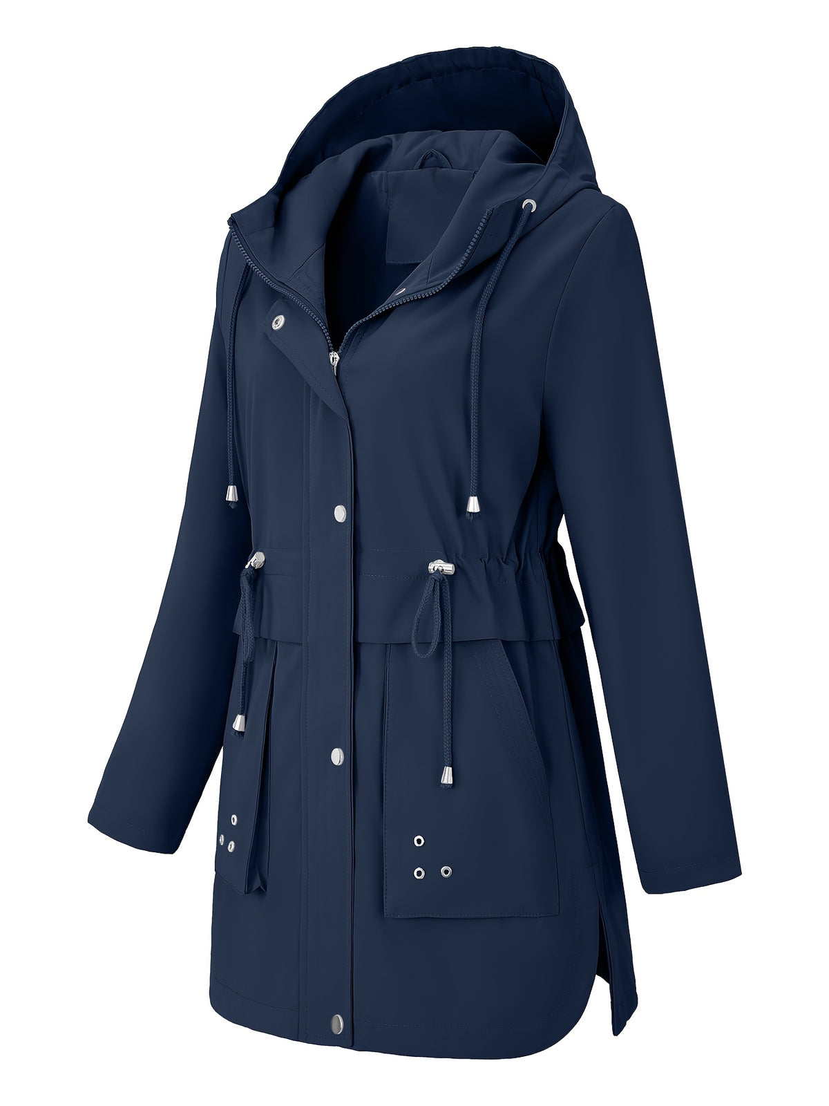 Sleek Hooded Rainwear Jacket for Women with Drawstring Waist Zip Front Windbreaker Outdoor Style