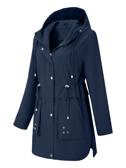 Sleek Hooded Rainwear Jacket for Women with Drawstring Waist Zip Front Windbreaker Outdoor Style