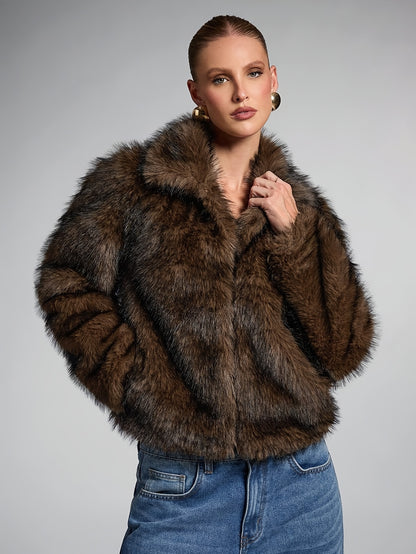 Elegant Bronze Fur Coat for Women with Notch Collar Long Sleeve Cropped Open Front Style
