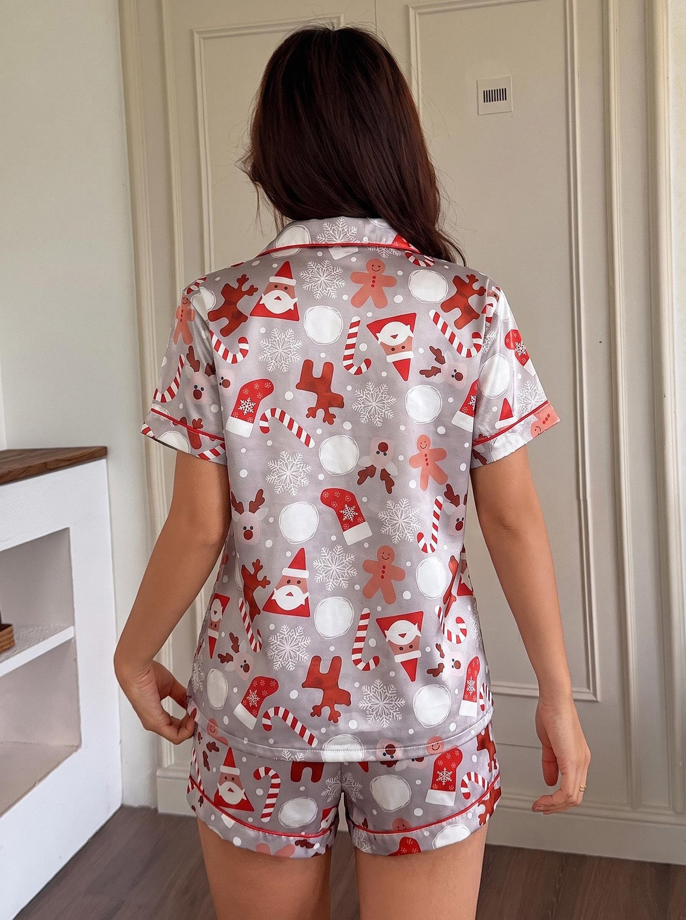 Cozy Gray Satin Christmas Pajamas for Women with Notch Collar Short Sleeve Button Front Two Piece Style