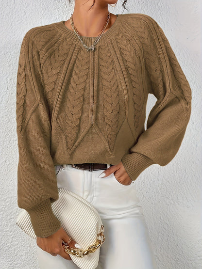 Comfortable Cable Knit Sweater for Women with Round Neck Balloon Sleeve Cropped Oversized Style