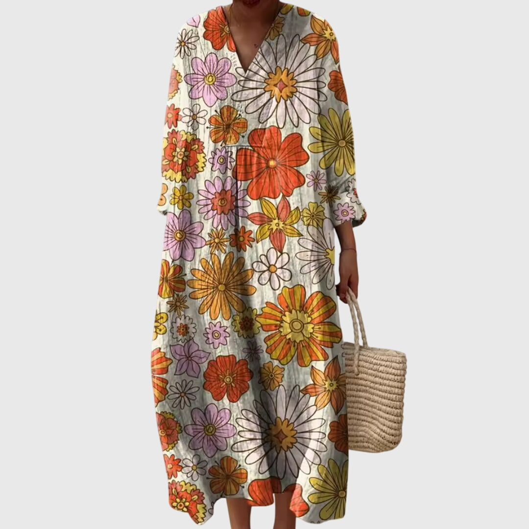 Effortless Printed Linen Maxi Dress for Women with V Neck Long Sleeve Relaxed Oversized Flowing Style