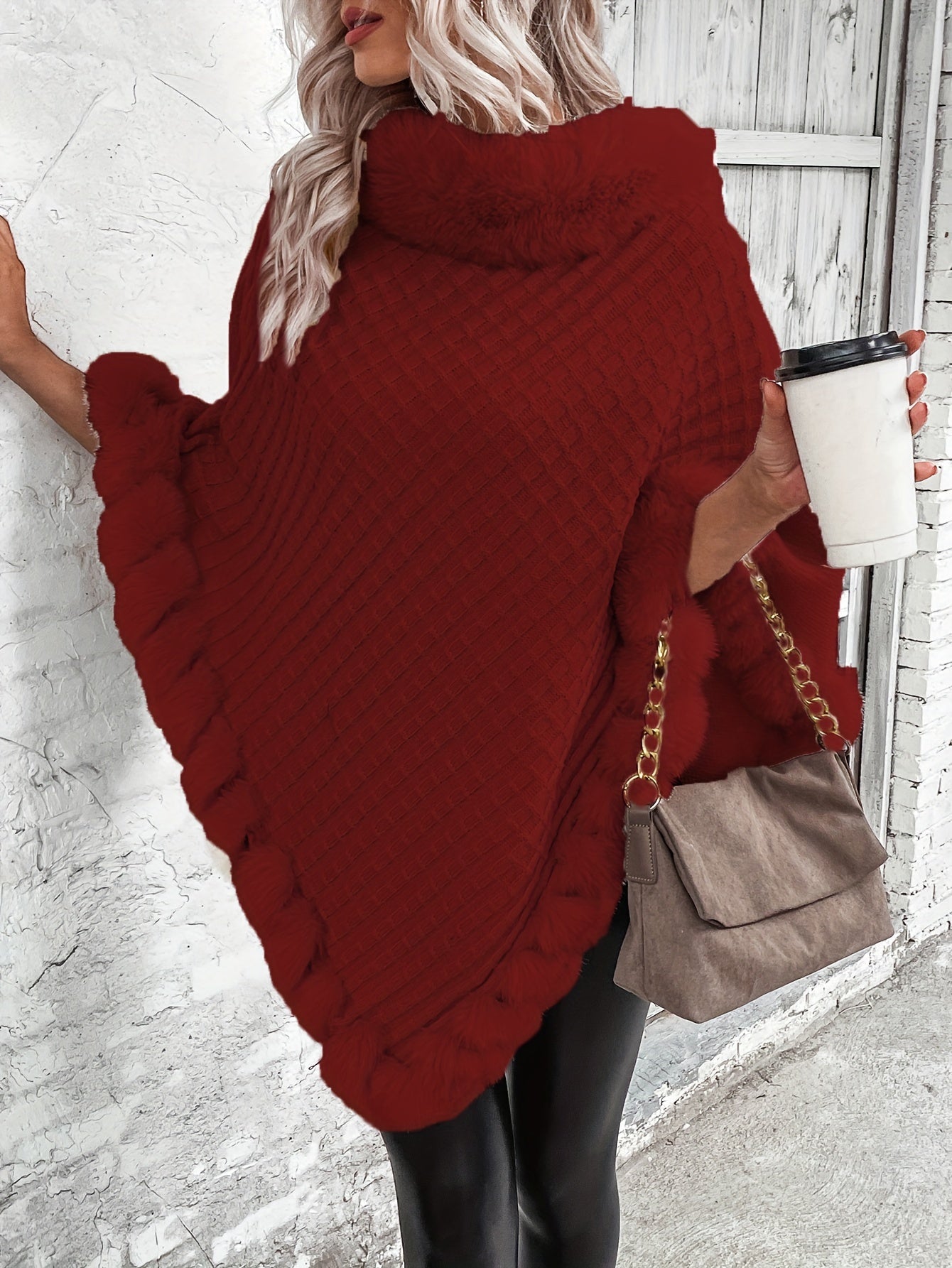 Comfortable Faux Fur Trim Poncho for Women with Turtleneck Batwing Sleeve Asymmetric Oversized Knit Style