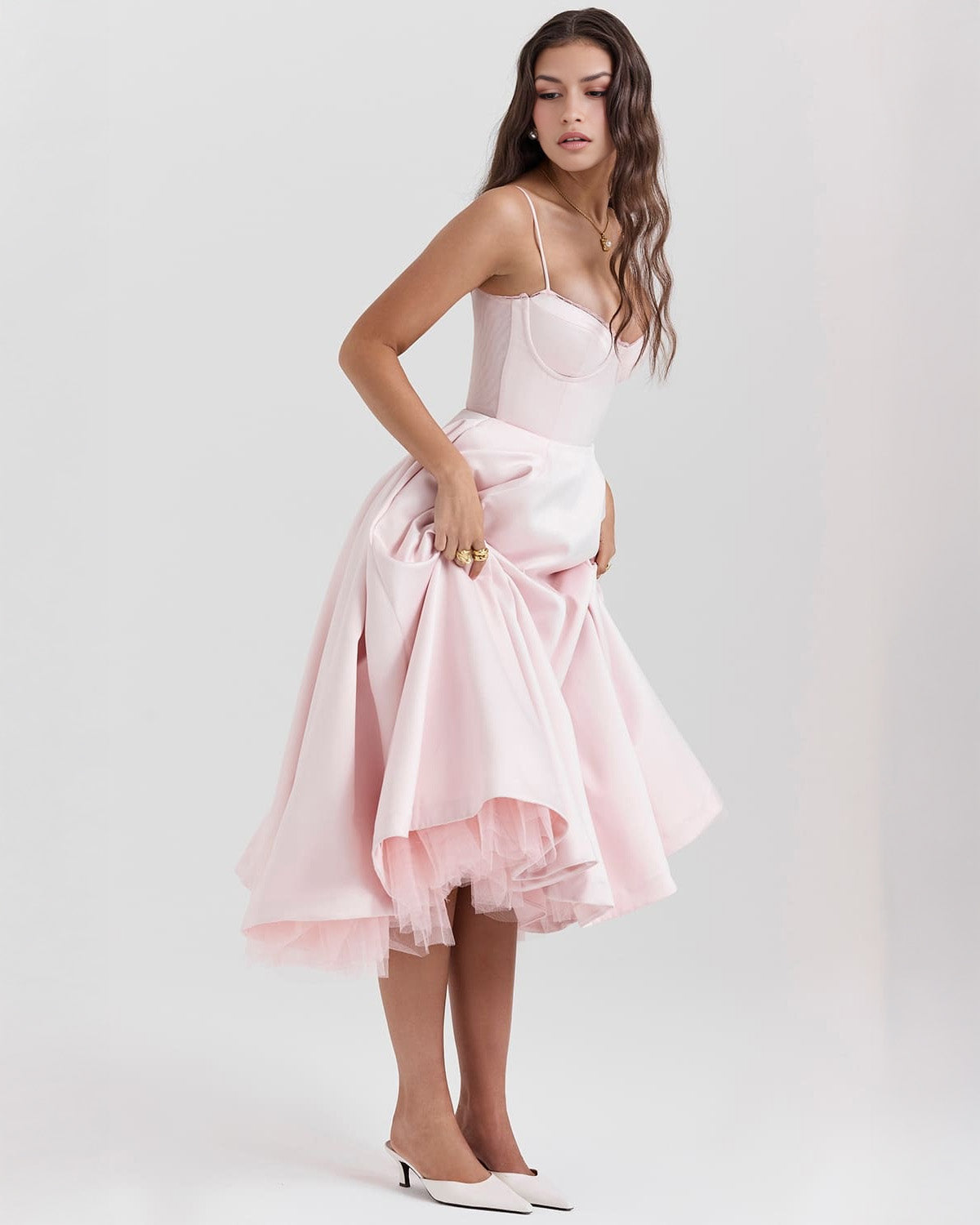 Elegant Bustier Midi Dress for Women with Sweetheart Neckline Spaghetti Strap Tulle Hem Flowing Style