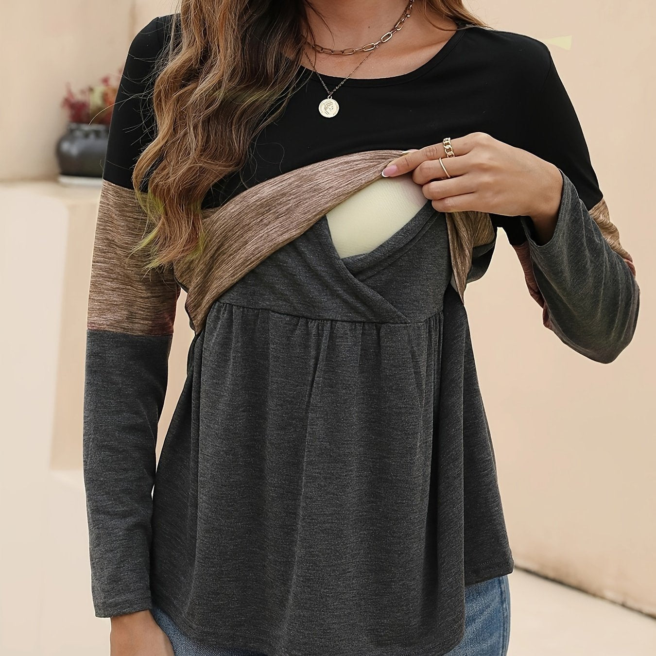 Comfortable Colorblock Maternity Top for Women with Round Neck Long Sleeve Nursing Wrap Peplum Casual Style