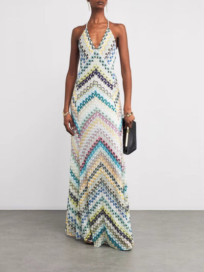 Effortless Maxi Dress for Women with Chevron Crochet Print Open Back Spaghetti Straps