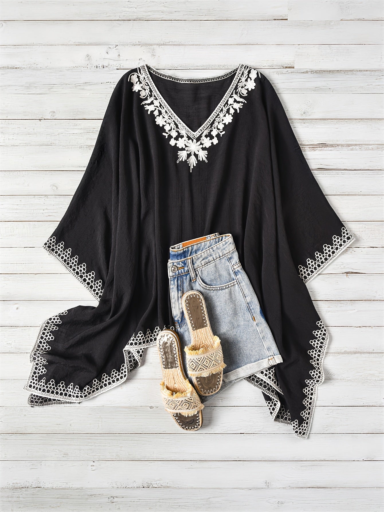 Effortless Poncho Shirt for Women with V Neck Embroidered Trim Draped Batwing Style