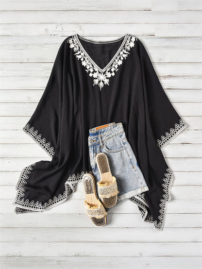Effortless Poncho Shirt for Women with V Neck Embroidered Trim Draped Batwing Style