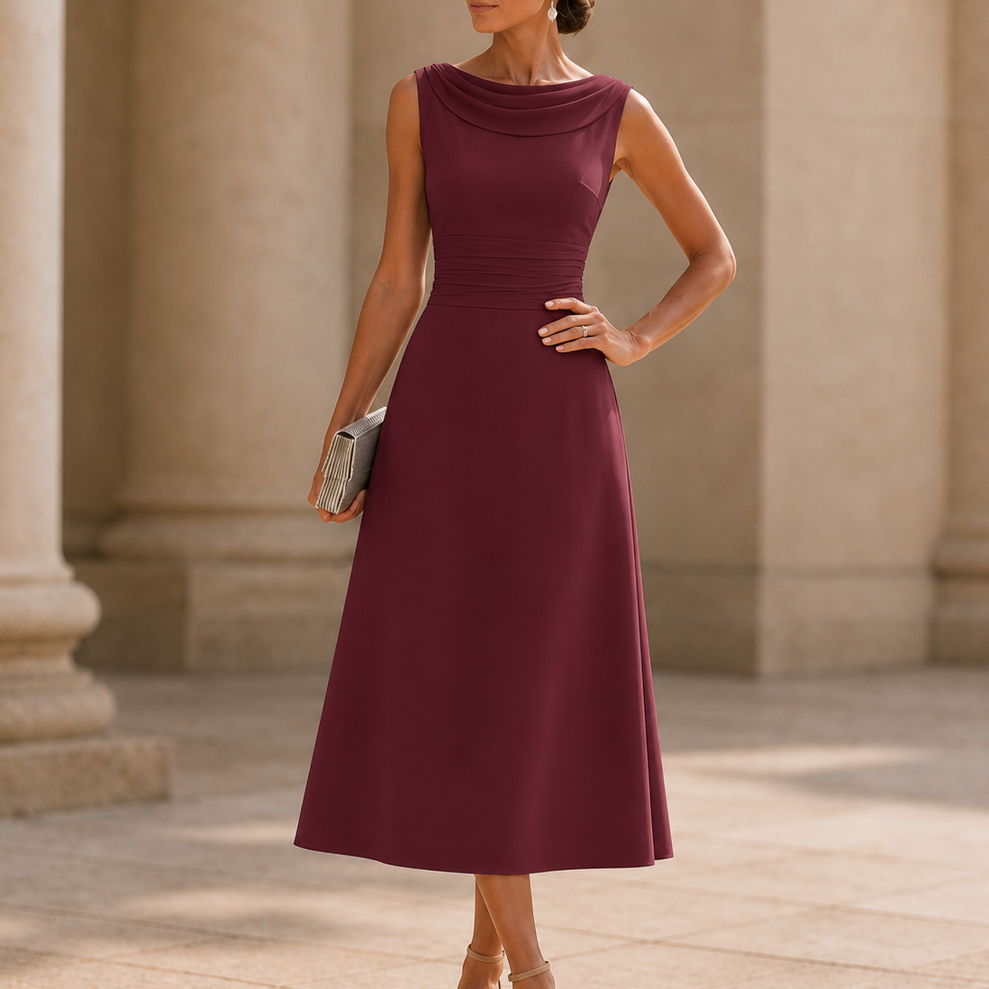 Elegant Draped Midi Dress for Women with Cowl Neck Sleeveless Pleated Waist Fall Wedding Guest Style