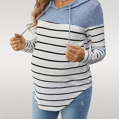 Comfortable Striped Maternity Hoodie for Women with Drawstring Hood Long Sleeve Curved Hem Casual Style