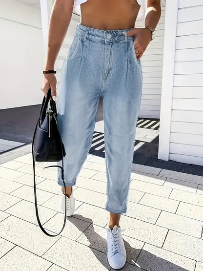 Effortless Light Blue Denim Mom Jeans for Women with High Waisted Pleated Tapered Cuffed Relaxed Style