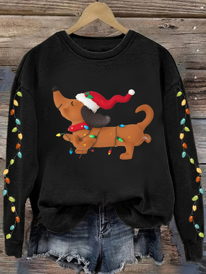 Comfortable Dachshund Santa Christmas Tacky Sweater for Women with Crew Neck Long Sleeve Relaxed Oversized Knit Style