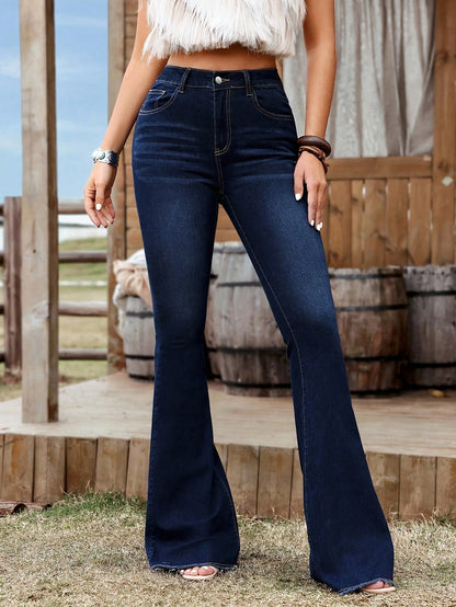 Effortless Deep Blue Flare Jeans for Women with High Waist Raw Hem Bootcut Western Style