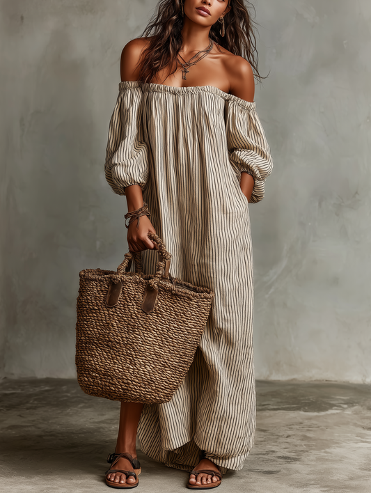 Effortless Striped Linen Maxi Dress for Women with Off Shoulder Puff Sleeve Flowing Casual Summer Style