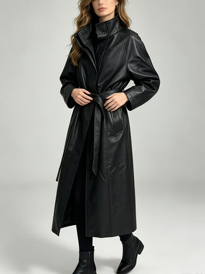 Effortless Black Faux Leather Trench Coat for Women with Stand Collar Long Sleeve Tie Belt Relaxed Style