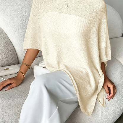 Effortless Poncho Shirt for Women with Boat Neck Asymmetric Hem Sheer Knit Style