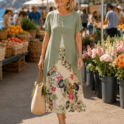 Effortless Floral Maxi Two Piece Set for Women with Round Neck Short Sleeve High Low Duster Fall Style