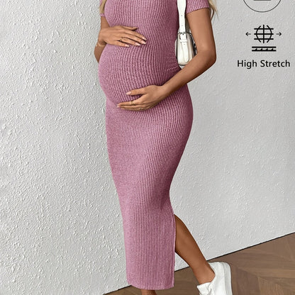 Comfortable Ribbed Knit Maternity Maxi Dress for Women with Square Neck Short Sleeve Bodycon Side Slit Style