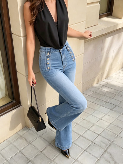 Effortless Light Blue High Waisted Jeans for Women with Button Front Flare Leg Relaxed Style