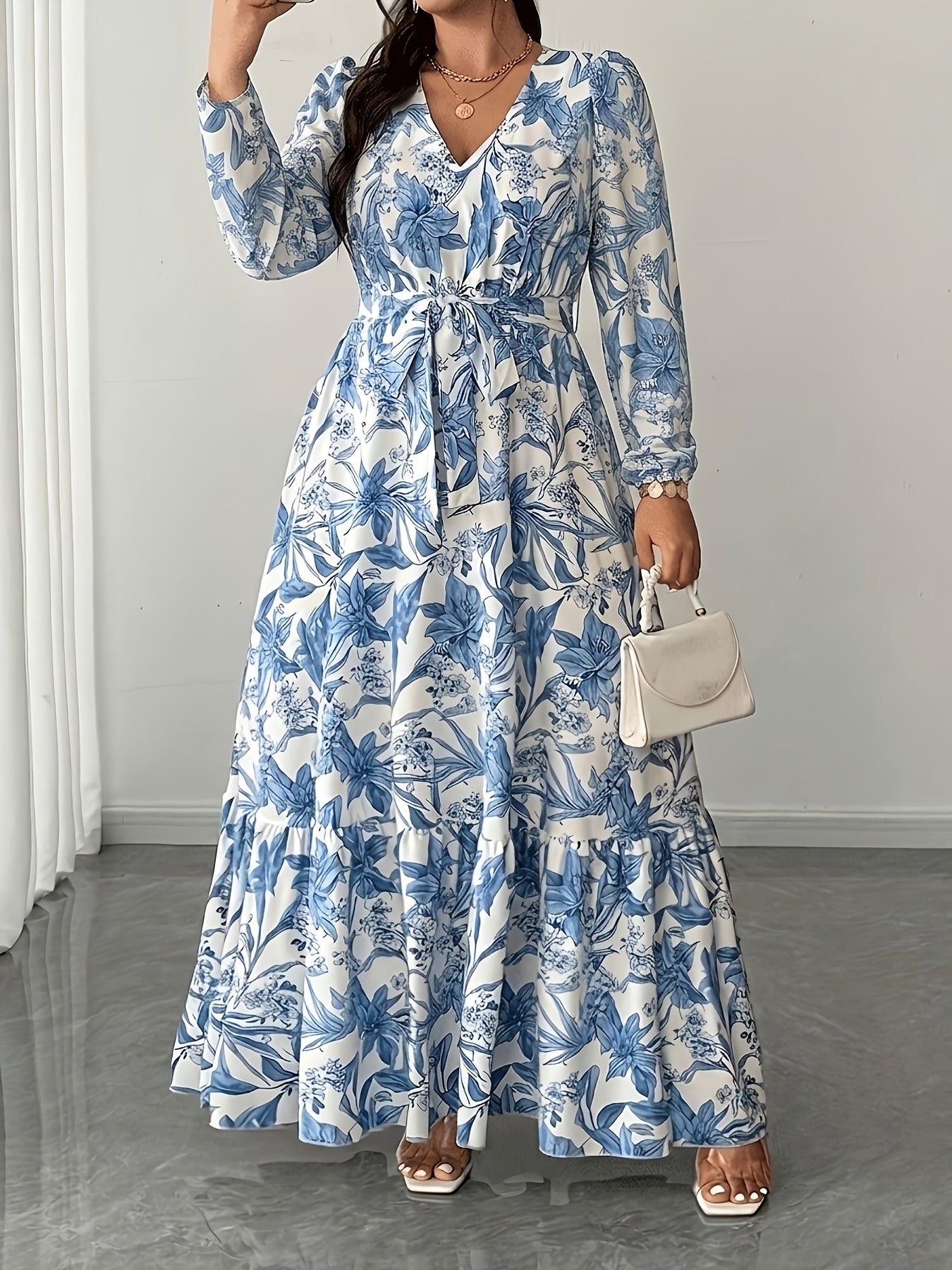 Elegant Floral Long Sleeve Maxi Dress for Women with V Neck Wrap Tie Waist Ruffle Hem Bohemian Style