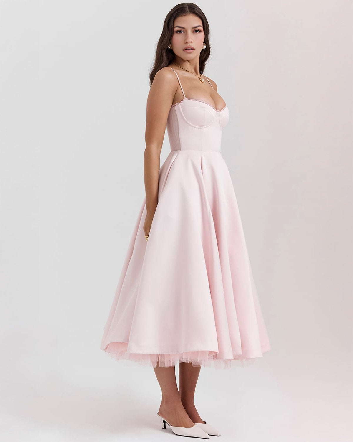 Elegant Bustier Midi Dress for Women with Sweetheart Neckline Spaghetti Strap Tulle Hem Flowing Style