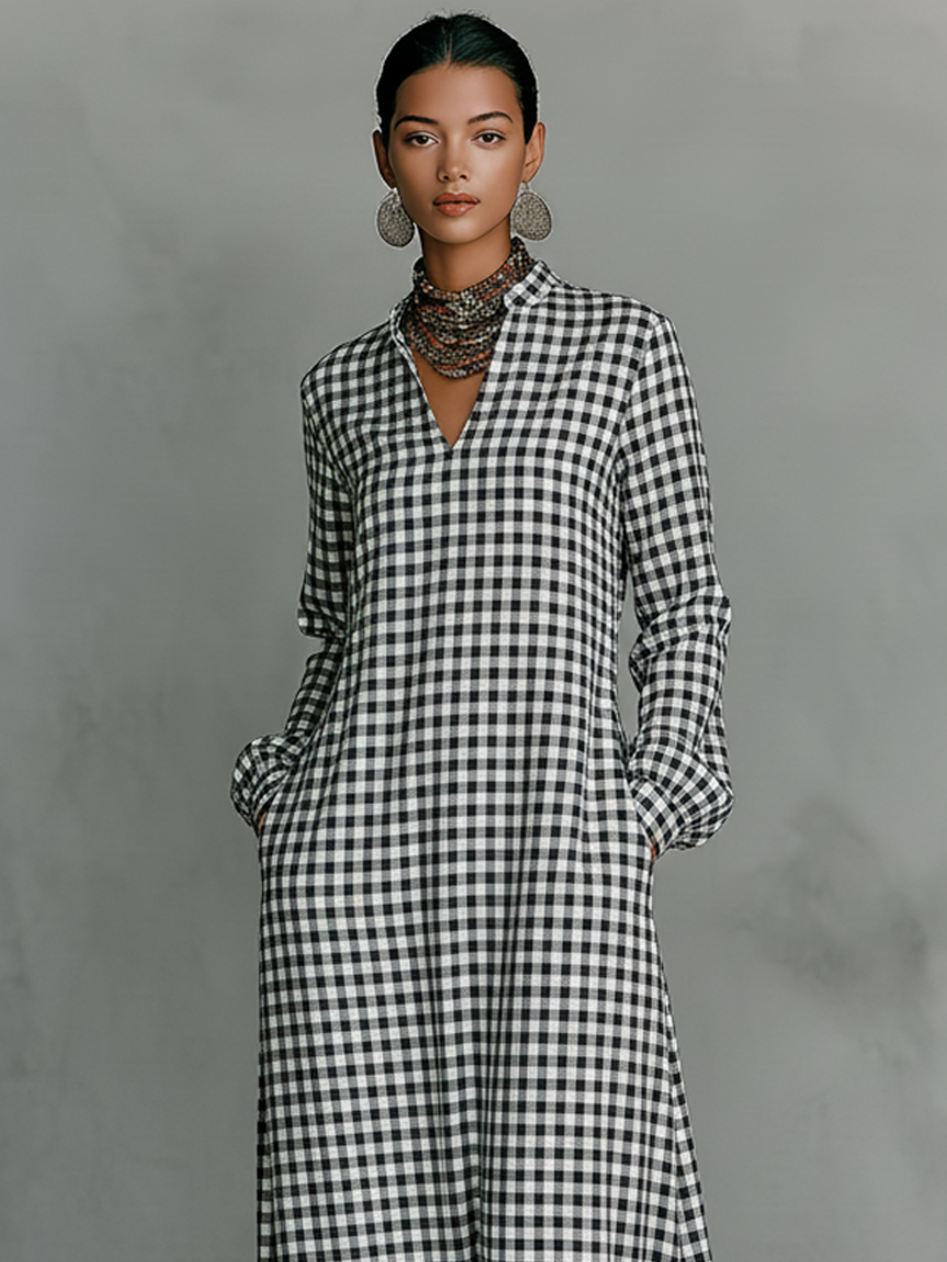 Effortless Plaid Maxi Dress for Women with V Neck Long Sleeve Oversized Casual Shirt Dress Style