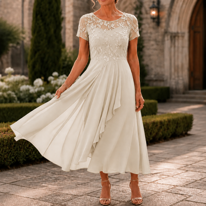 Elegant Lace Midi Dress for Women with Round Neck Short Sleeve Ruffle Hem Fall Wedding Guest Style