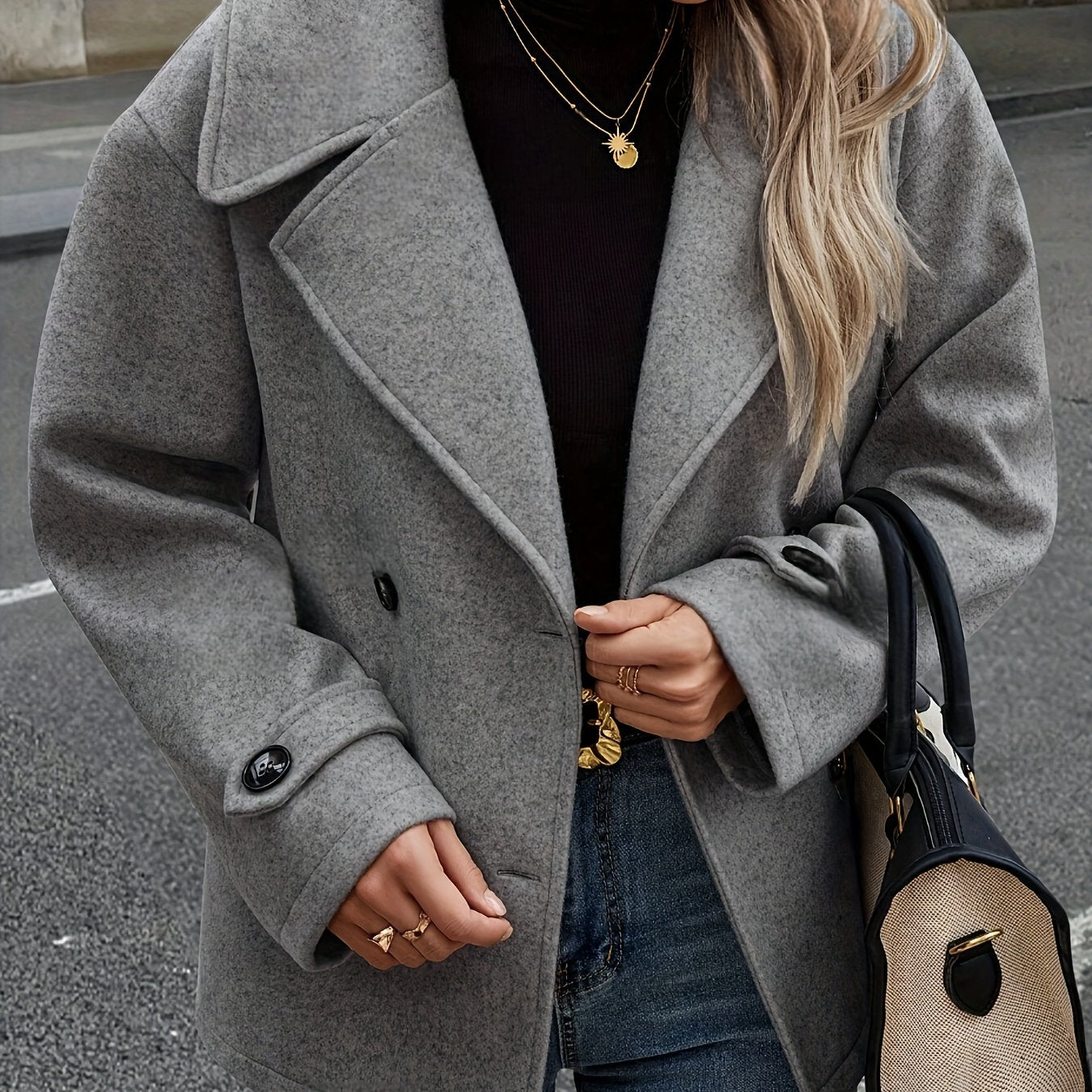 Elegant Dark Gray Wool High Pea Coat for Women with Notched Lapel Long Sleeve Double Breasted Oversized Style