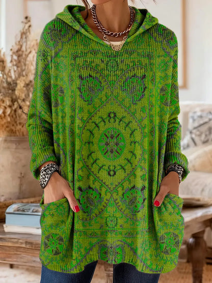 Comfortable Boho Print Tunic Sweater for Women with Hooded Long Sleeve Oversized Pocket Bohemian Style