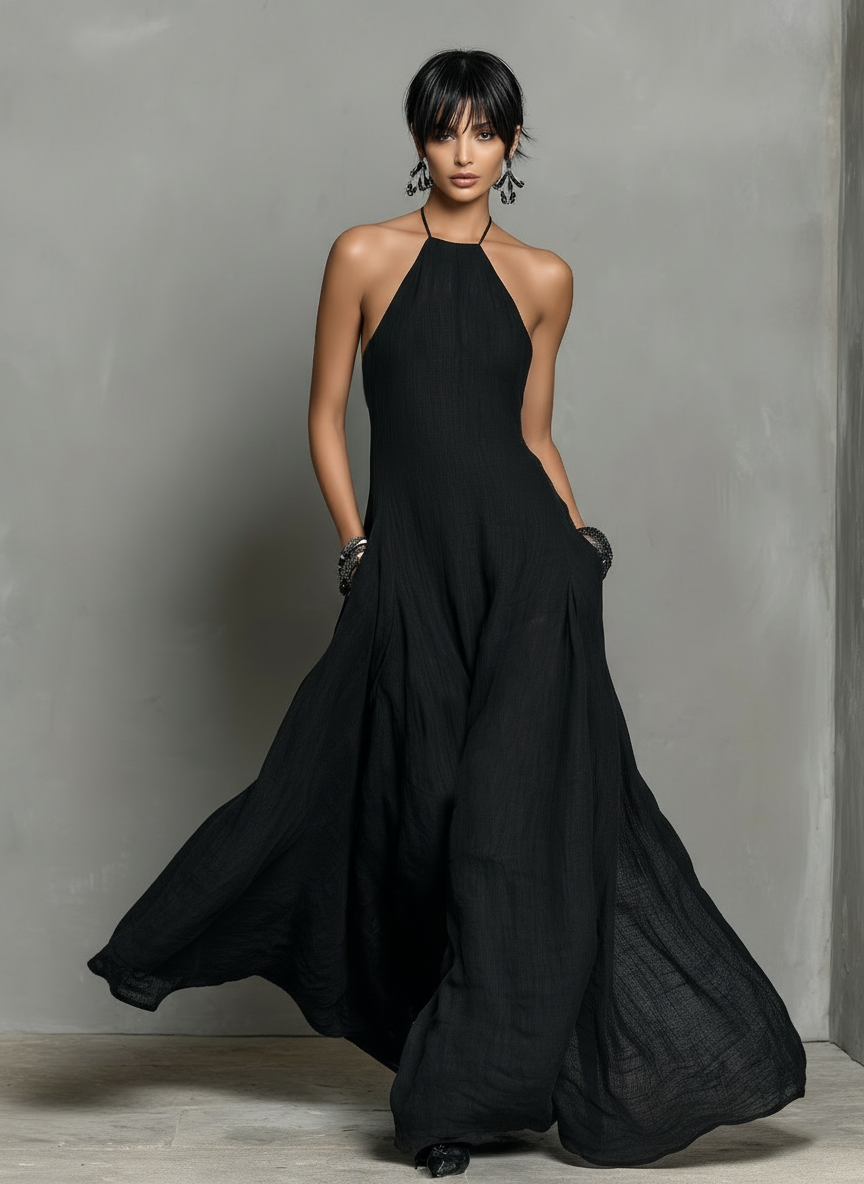 Elegant Black Maxi Dress for Women with Halter Neck Sleeveless Open Back Flowing Linen Casual Summer Style