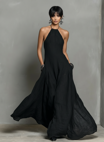 Elegant Black Maxi Dress for Women with Halter Neck Sleeveless Open Back Flowing Linen Casual Summer Style