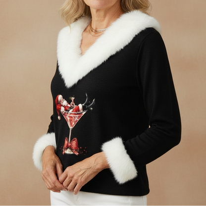 Cozy Women Christmas Sweater with Faux Fur V Neck Long Sleeve Festive Print Style