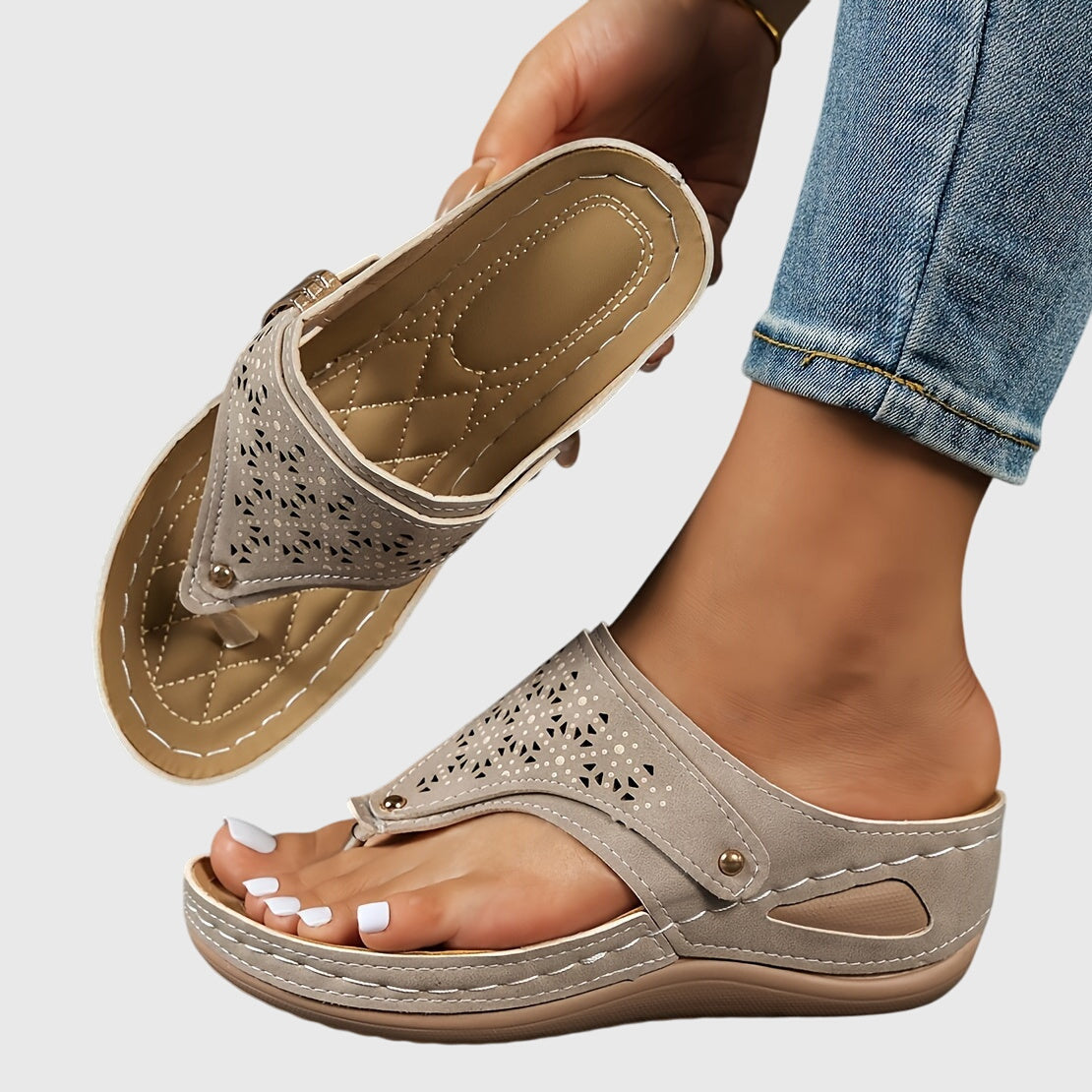 Comfortable Orthopedic Sandals for Women with Laser Cut Buckle Strap Toe Loop Wedge Platform Flip Flop Style