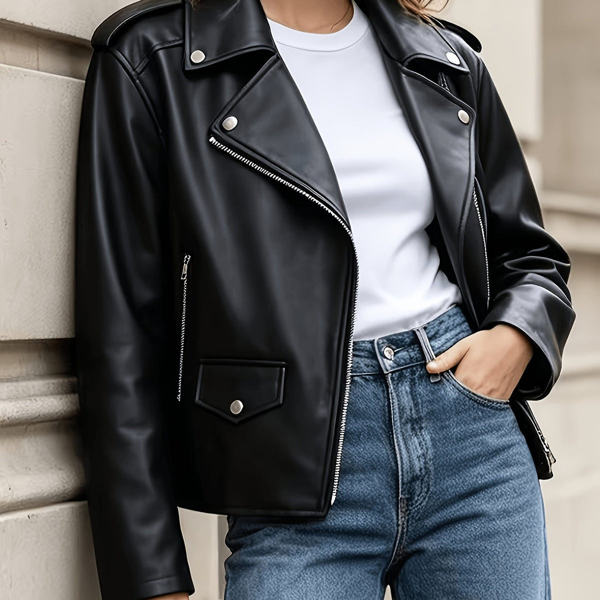 Edgy Black Faux Leather Moto Jacket for Women with Notched Lapel Asymmetrical Zip Ribbed Biker Style