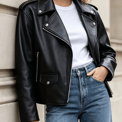 Edgy Black Faux Leather Moto Jacket for Women with Notched Lapel Asymmetrical Zip Ribbed Biker Style