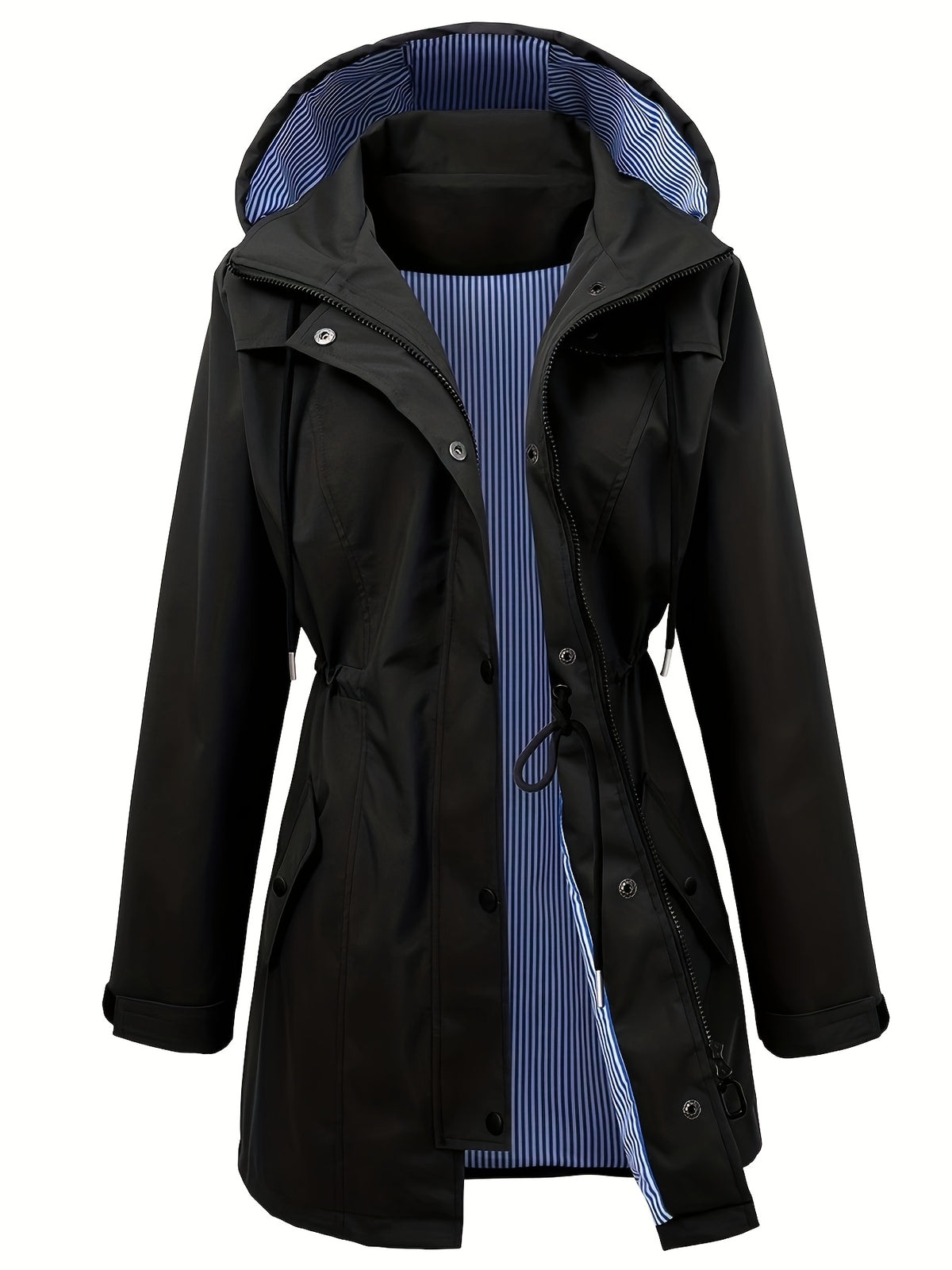 Chic Hooded Rainwear Jacket for Women with Drawstring Waist Zip Front Longline Windbreaker Outdoor Style