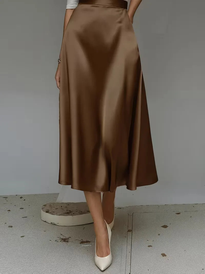 Elegant Satin Midi Skirt for Women with High Waist A Line Pocket Flowing Style