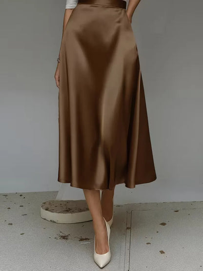 Elegant Satin Midi Skirt for Women with High Waist A Line Pocket Flowing Style