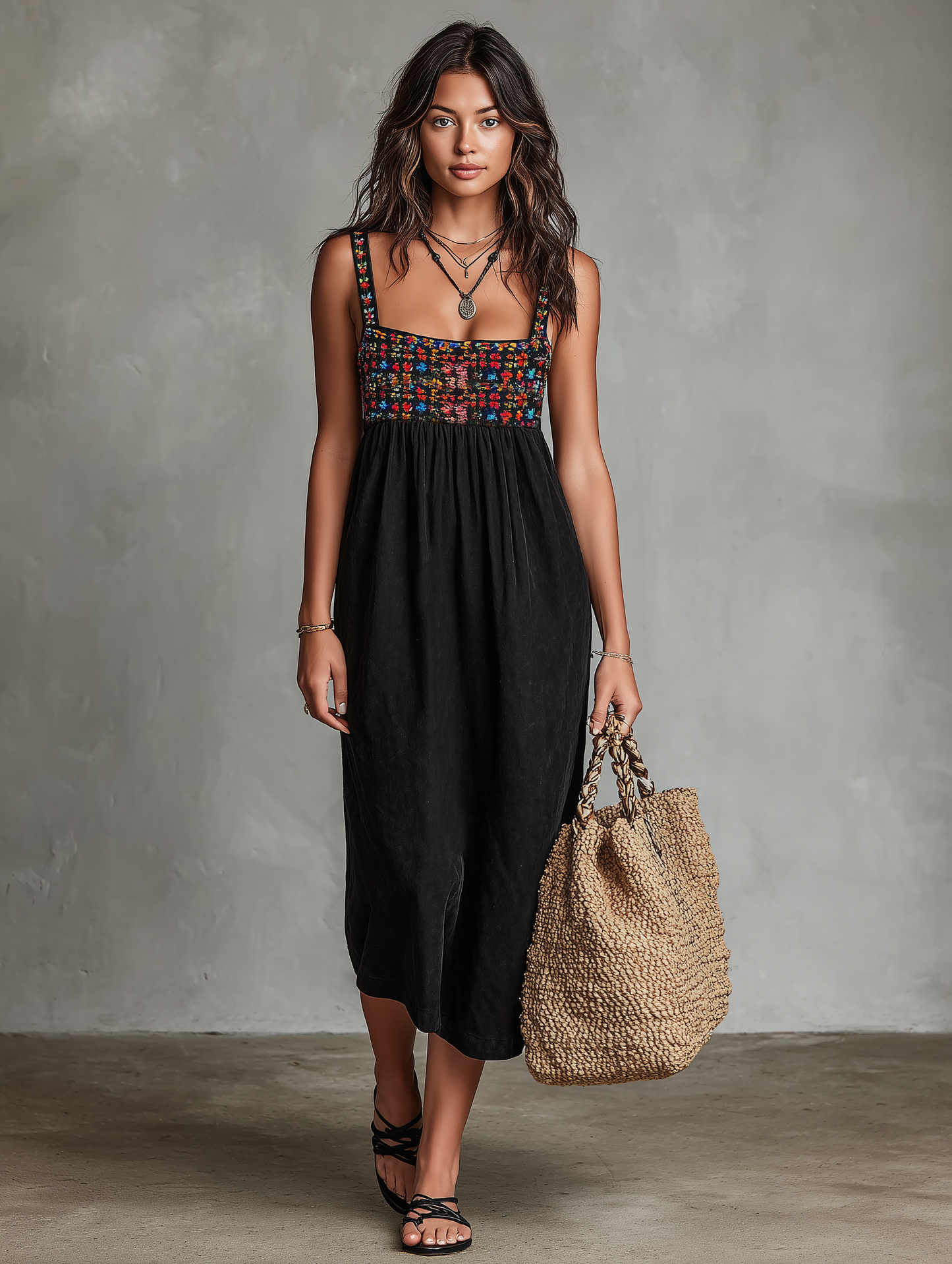 Stylish Black Dress for Women with Floral Embroidered Bodice Square Neck Sleeveless Casual Midi Style