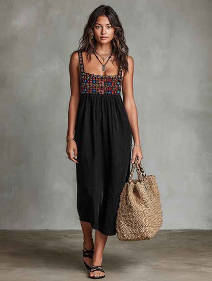Stylish Black Dress for Women with Floral Embroidered Bodice Square Neck Sleeveless Casual Midi Style