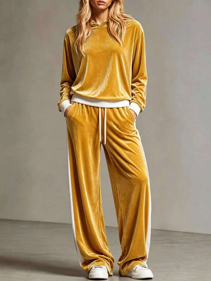 Cozy Velvet Colorblock Sweatsuit for Women with Hooded Long Sleeve Wide Leg Drawstring Two Piece Style