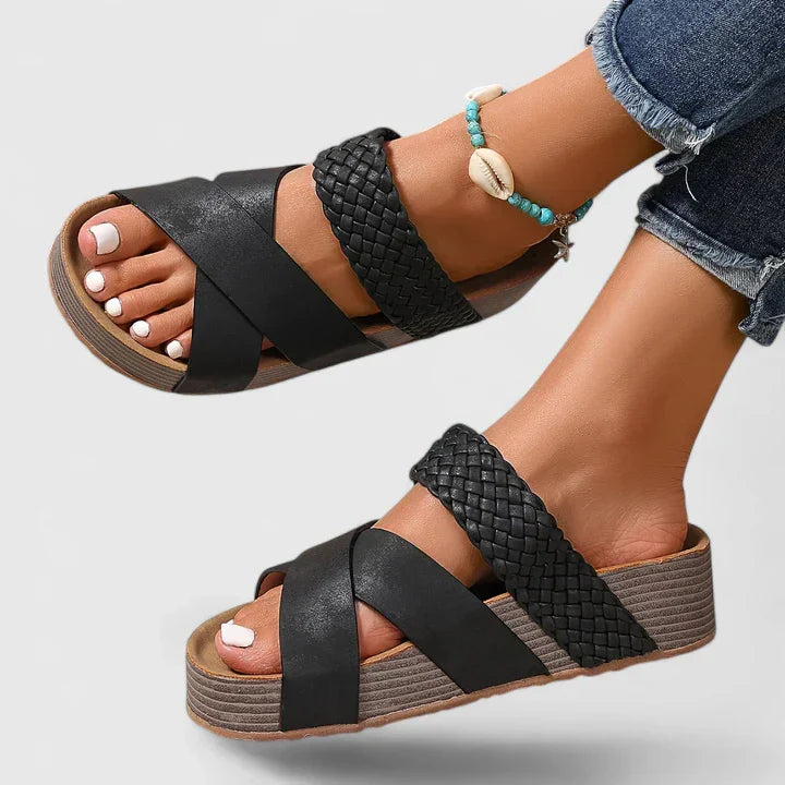 Comfortable Orthopedic Sandals for Women with Woven Crossover Strap Wedge Platform Slip On Open Toe Style
