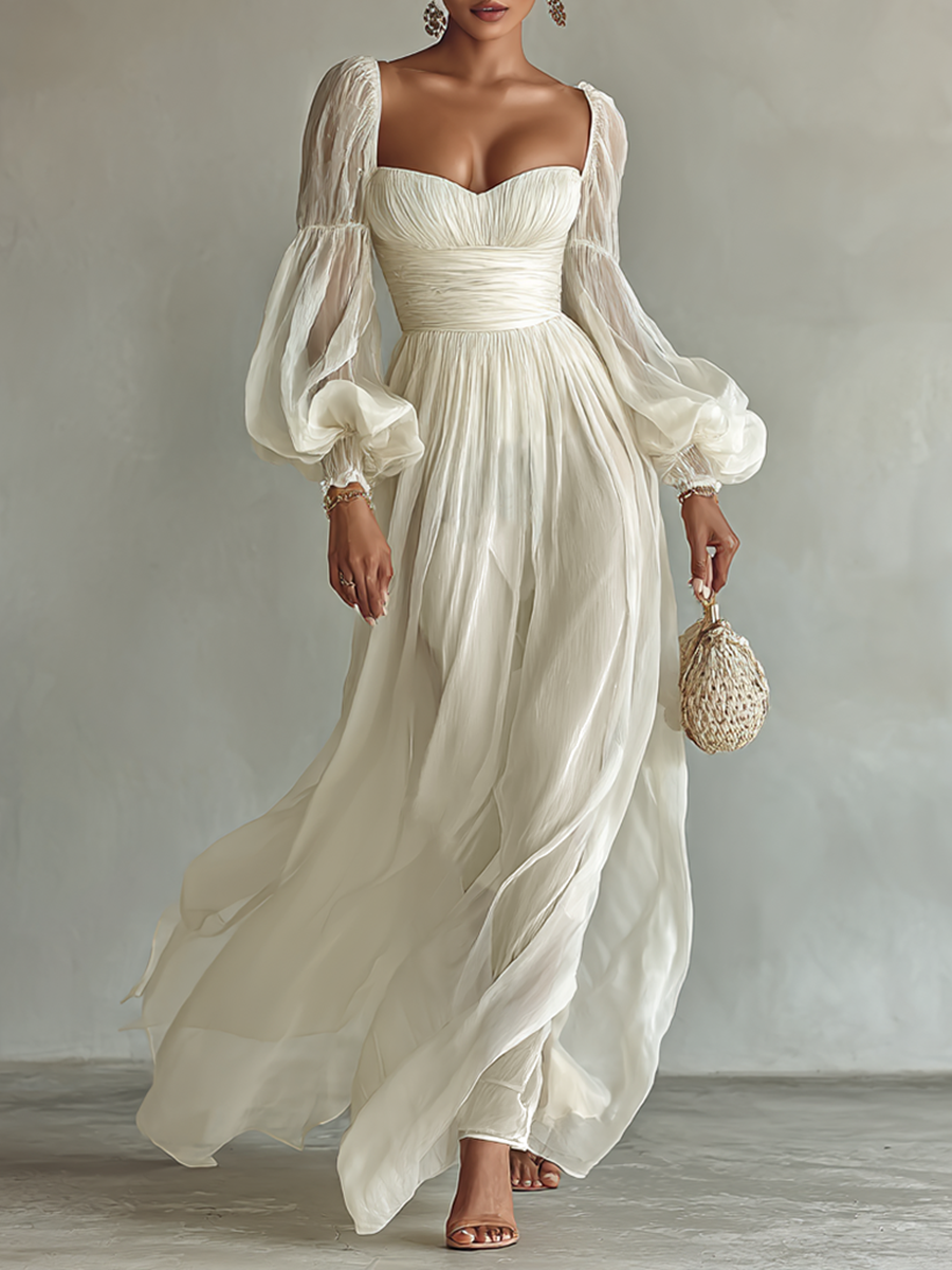 Elegant White Chiffon Maxi Dress for Women with Square Neck Puff Sleeve Ruched Waist Formal Wedding Guest Style