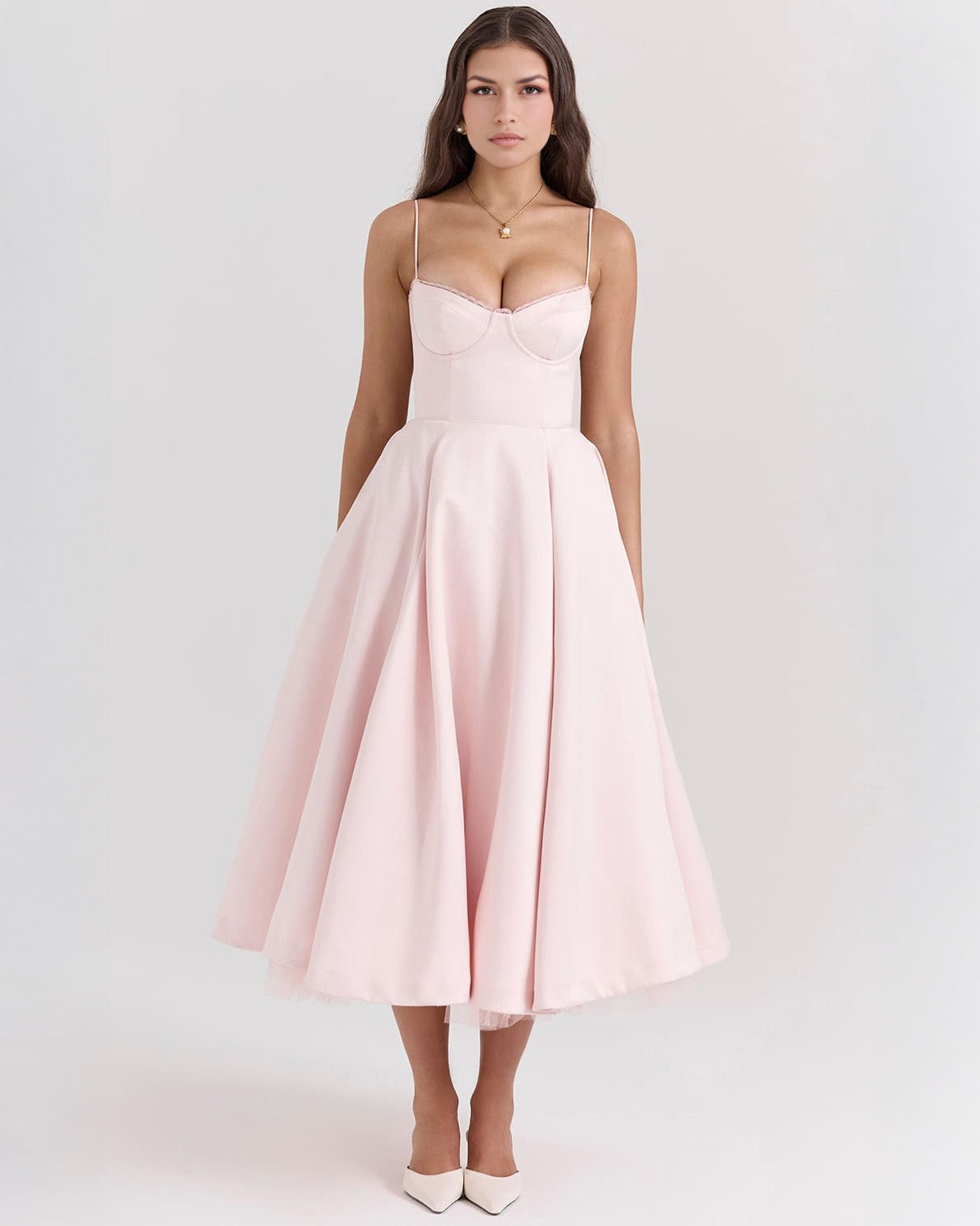 Elegant Bustier Midi Dress for Women with Sweetheart Neckline Spaghetti Strap Tulle Hem Flowing Style