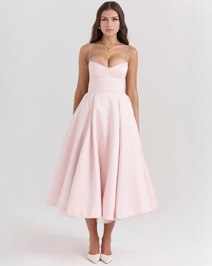 Elegant Bustier Midi Dress for Women with Sweetheart Neckline Spaghetti Strap Tulle Hem Flowing Style